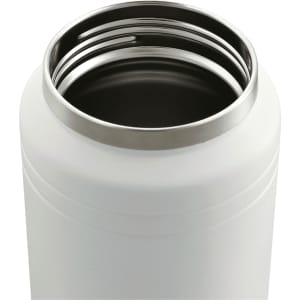 A drink bottle featuring a sleek white design with a stainless steel rim at the opening and an interior for beverages.