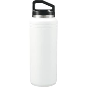 A drink bottle featuring a white exterior and a black lid, designed for drinkware use. It includes a logo on the body.