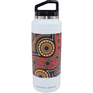 A drink bottle with a decorative Aboriginal inspired design in colours of red, orange, and black, featuring a handle and logo.
