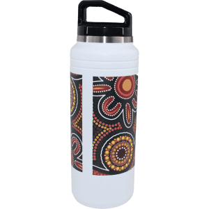 A drink bottle featuring a colourful Aboriginal-inspired design, primarily white with red and yellow patterns.