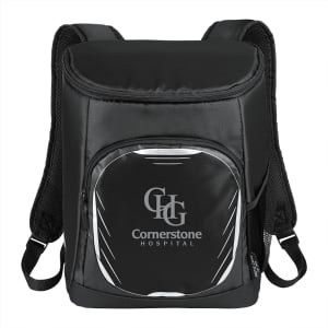 A black cooler backpack with a front pocket and adjustable straps, featuring a logo on the front.