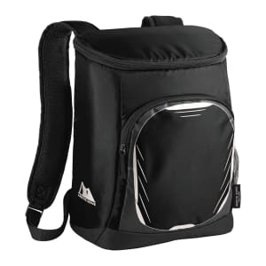 A black cooler backpack featuring a front pocket and mesh shoulder straps, ideal for carrying drinks.