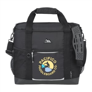 A black cooler bag with a mesh pocket, featuring a logo on the front and sturdy carrying handles.