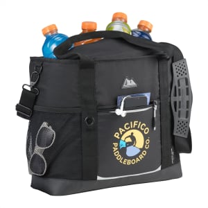 A black cooler bag featuring a logo, multiple drink bottles, and pockets for accessories.