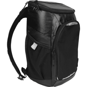 A black cooler backpack with a zippered top, side pocket, and padded straps, featuring a logo.