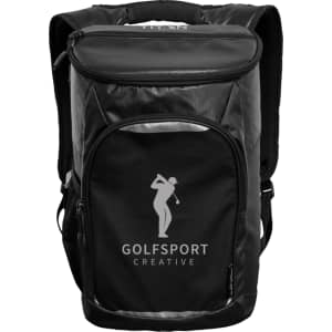 A black backpack cooler with a large insulated compartment and a front pocket, featuring a logo.