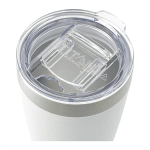 A drink bottle in white with a silver band and a clear lid featuring a sliding closure and a logo.