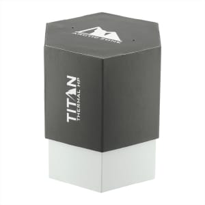 A drink bottle in dark grey and white, featuring a hexagonal shape and a branded logo.