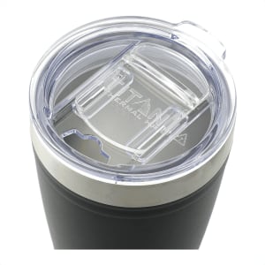 A drink bottle with a black exterior and a clear lid featuring a slot for a straw. It has a logo on the side.