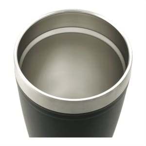A drink bottle with a sleek black exterior and stainless steel interior, featuring a logo on the surface.