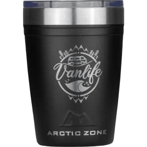 A drink bottle in matte black with a metal rim and a logo featuring outdoor themes. Capacity of 350ml.