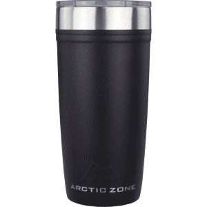 A drink bottle with a matte black finish and stainless steel lid, featuring a branding logo on the front.