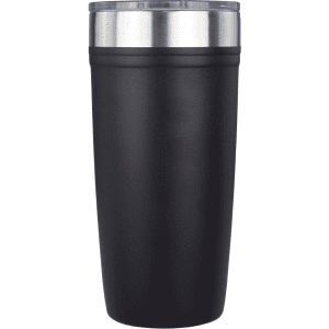 A drink bottle featuring a sleek black design with a stainless steel rim and a clear lid. It has a branding logo.
