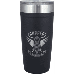 A drink bottle featuring a matte black finish, stainless steel lid, and a logo with motorcycle graphics.