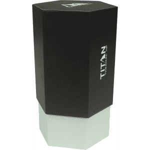 A drink bottle in a hexagonal design, featuring a black upper section and a white base, with a logo.