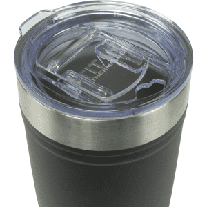 A drink bottle featuring a black exterior, stainless steel rim, and a clear, plastic lid with a straw opening.