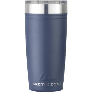 A drink bottle made of navy blue stainless steel with a silver lid and a logo.