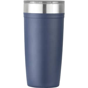 A drink bottle in navy blue with a stainless steel rim, featuring a logo on the side.