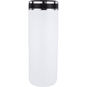 A drink bottle in white with a black lid, featuring a logo, designed for thermal insulation.