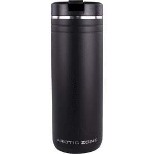 A drink bottle in matte black with a silver band and a lid, featuring a logo. Suitable for thermal beverages.