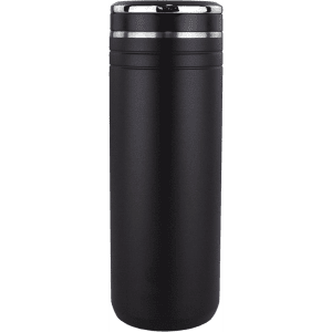 A drink bottle in matte black with a silver band and a straw opening at the top, featuring a logo.