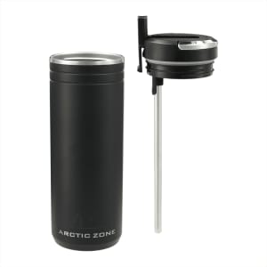 A drink bottle in matte black, featuring a straw lid and a plastic base, with a logo on the front.