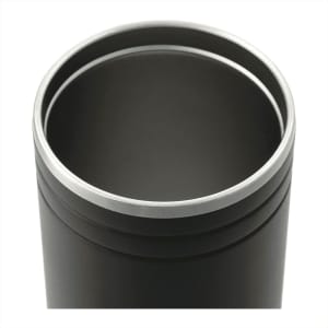 A drink bottle with a sleek black exterior and a stainless steel rim at the top. It features a logo.