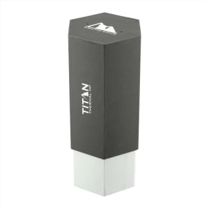A drink bottle with a hexagonal design, featuring a dark grey upper section and a light grey base. Includes a logo.