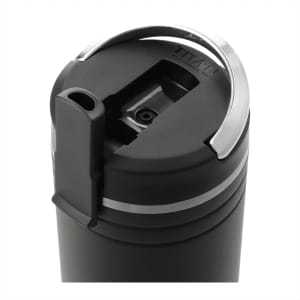 A drink bottle in black with a silver accent, featuring a straw opening and a secure lid. Branding is visible.