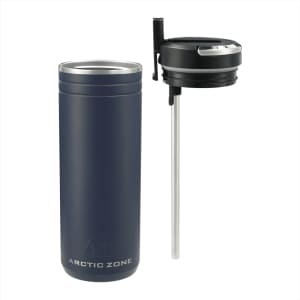 A drink bottle in navy blue with a stainless steel straw and a lid, featuring a logo on the side.