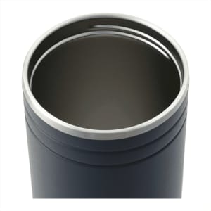 A drink bottle with a dark exterior and stainless steel interior, featuring a smooth lip and a logo.