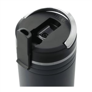 A drink bottle in black with a silver lid and a straw opening, featuring a logo on the top.