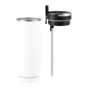 A drink bottle featuring a white body with a black lid and a stainless steel straw, includes branding.