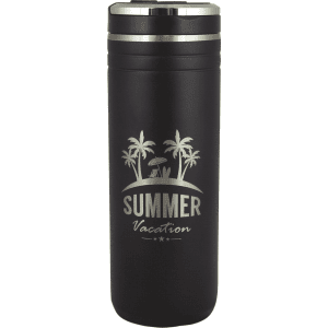 A drink bottle made of plastic, featuring a matte black finish, with a silver lid and a logo design.