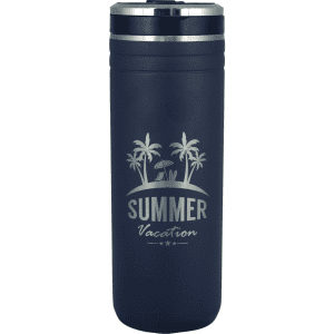 A drink bottle in navy blue with a straw, featuring a palm tree design and a logo.