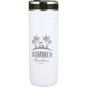 A drink bottle in white with a black lid, featuring a logo depicting palm trees and holiday themes.
