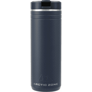 A drink bottle in navy blue with a stainless steel lid and a logo. Designed for thermal retention.