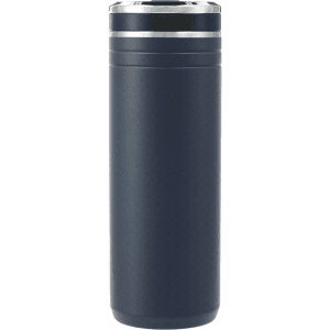 A drink bottle in navy blue, featuring a sleek design and a silver band, with a removable straw top.