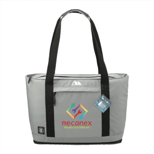 A grey cooler bag with black straps, featuring a front pocket and a logo. Holds 25-50 cans and has expandable capacity.