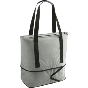 A grey cooler bag with black straps and a zip closure, designed for transporting drinks.