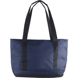 A navy blue expandable cooler bag with black handles, designed to hold 25-50 cans. It features a simple, functional design.