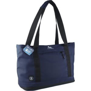A navy cooler bag with black straps, featuring a front pocket and a logo on the side.