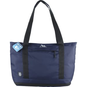 A navy blue expandable cooler bag with black straps and a front pocket, featuring a logo.