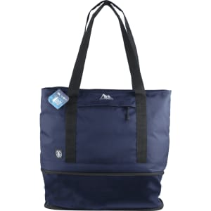 A navy blue cooler bag with black straps and a front pocket. It features a logo and a tag attached.