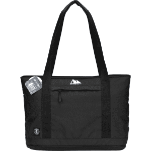 A black expandable cooler bag with dual handles and a logo, featuring a zippered pocket on the front.