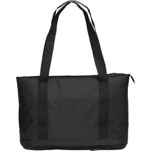 A black cooler bag with sturdy straps and a zip closure, featuring a logo on its surface.