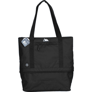 A black cooler bag with sturdy handles, featuring a zippered compartment and branding. Suitable for carrying drinks and food.