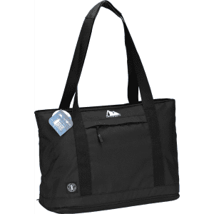 A black expandable cooler bag with dual handles and a branded logo on the front.