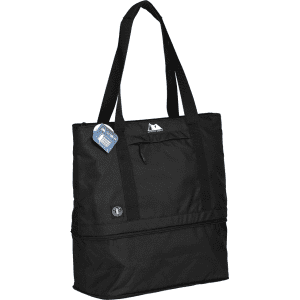 A black cooler bag with dual handles and a zippered section, designed to hold 25-50 cans. Features a logo.