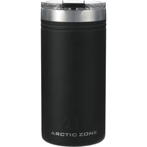 A drink bottle in matte black with a stainless steel lid, featuring a logo on the front.